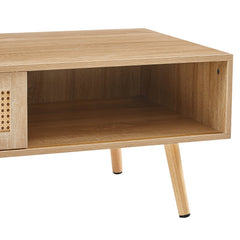 41.34" Rattan Coffee table sliding door for storage solid wood legs Modern table for living room  natural