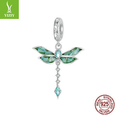 Silver Charm Original Retro Green Dragonfly DIY Pendant Accessories Charm Lucky s925 Pure Silver Insect Beads