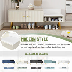 Modern Shoe Storage Bench with Hidden Storage and Upholstered Cushions for Bedside, Living Room and Entryway ((Antique White)