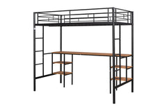 Twin loft bed with table and shelf/Heavy duty sturdy metal/Built in table and shelf/Noise reduction/Safety fence