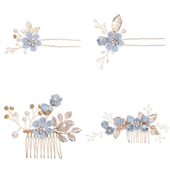 Luxury Blue Flower Hair Combs Headdress Prom Bridal Wedding Hair Accessories Gold Leaves Hair Jewelry Hair Pins
