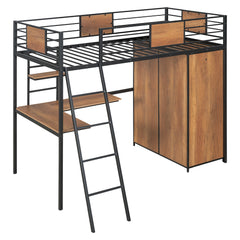 Twin Size Loft bed with L-shape Desk and Wardrobe, Black
