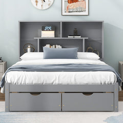 Full Size Platform Bed with Storage Headboard and 2 Drawers, Gray