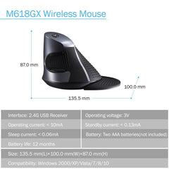 Delux M618GX Ergonomic Vertical Wireless Mouse 6 Buttons 1600DPI Optical Mouse With 3 Colors Silicon Rubber Case For PC Laptop