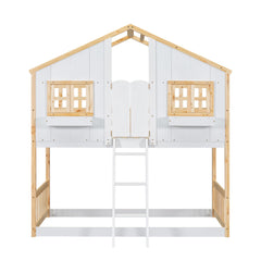 Twin over Twin House Bunk Bed with Roof , Window, Window Box, Door , with Safety Guardrails and Ladder, Natural/White