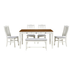 TOPMAX Mid-Century 6-Piece Wood Dining Table Set, Kitchen Table Set with Drawer  Upholstered Chairs and Bench  Butter Milk