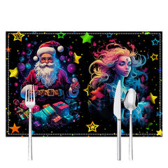 Christmas table mat with white linen starry sky and Santa Claus print