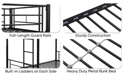 Double decker bed, size above twin bed, with 2 ladders and full-length guardrail, metal, storage space, black