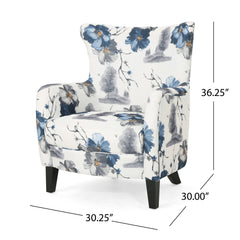 Modern retro printed fabric cushioned club chair, white and blue patterned armchair