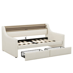 Twin Size Daybed with Storage Drawers, Upholstered Daybed with Charging Station and LED Lights, Beige