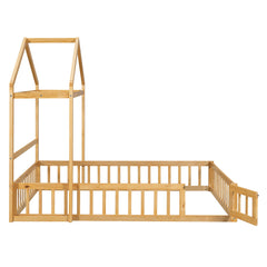 Wooden Full Size Children's Bed with Detachable Headboard and Integrated Clothes Drying Rack, Natural