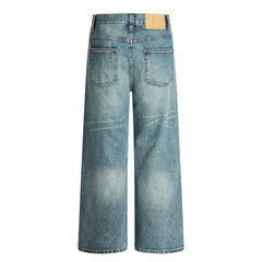 Hole-Washed Denim Long Pants Men's Loose Faded Whitewashed Wide-Leg Straight Trousers European and American Street Fashion Versatile Dad Pants