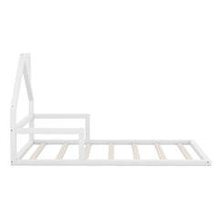 Twin Size Wood Floor Bed with House-shaped Headboard  White