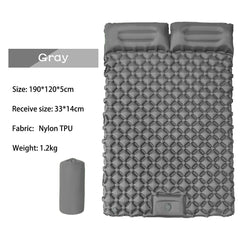 Outdoor double inflatable sleeping pad – with built-in pillow & pump, for camping, backpacking, hiking.