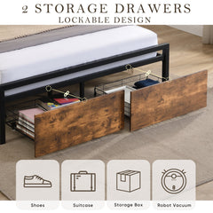 Large bed frame with storage headboard and 2 drawers, LED light bed, charging station, metal platform bed