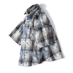 Tie dye printed plaid wide cut shirt