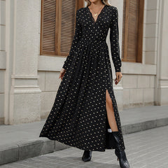 Lace V-neck Bow Print Long Sleeve Dress