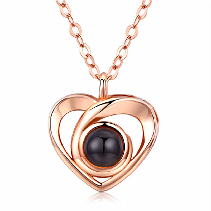 Silver Love Heart shaped Projection Pendant Necklace in 100 Languages, I Love You Projection Pendant Clavicle Chain
