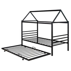 Twin Size Metal House Shape Platform Bed with Trundle Black