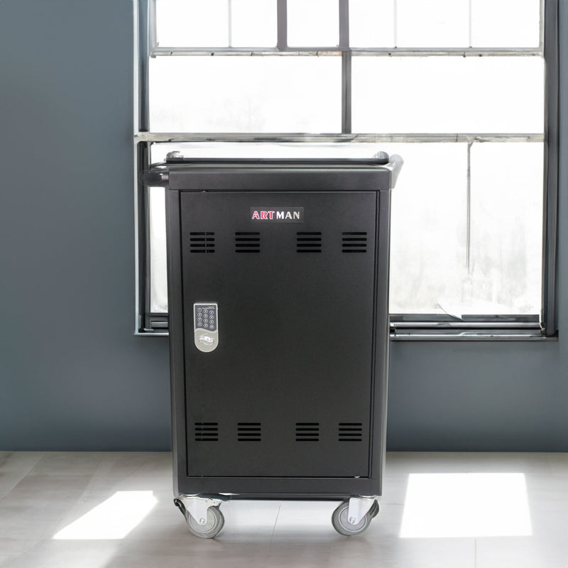 Mobile Charging Cart and Cabinet for Tablets Laptops 30-Device With Combination Lock--Black