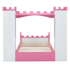 Castle-Shaped Wooden Bed with Storage Shelf, Dreamy Twin Size Platform Bed for Kids Bedroom, White + Pink