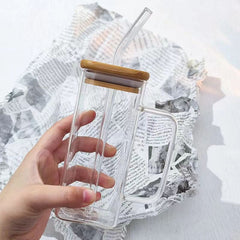 Square colored handle cup glass straw cup with lid milk tea cup with large capacity