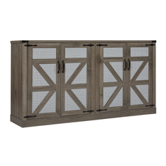 65-Inch Slate Gray Faux Rattan Sideboard with Barn Doors Rustic Sideboard, 4-Door Storage for Living Room, Entryway, Bedroom