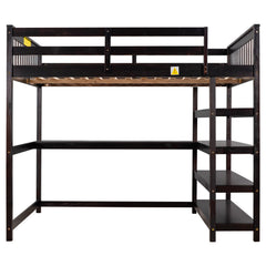 Full Size Loft Bed with Storage Shelves and Under-bed Desk  Espresso