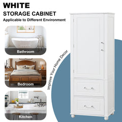 Tall bathroom storage cabinet with two drawers and adjustable shelves for independent storage