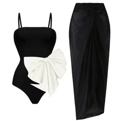 One piece swimsuit bow decoration sweet girl black and white contrasting swimsuit female