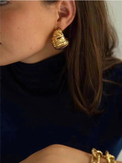 Retro Metal Stud Earrings Geometric Irregular for Women Brass Jewelry Light Luxury Europe And America