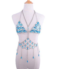 Queen Bling Metal Tassel Details Tank Tops Festival Rave Clothing Summer Sexy Backless Rave Body Chain Beach Tops