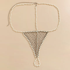 Women's sexy and simple imitation pearl woven chest chain set, new creative fishing net waist chain