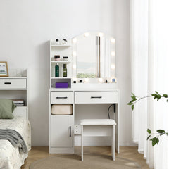 Vanity desk set including table with large lighted mirror 3 color lighting modes adjustable brightness white color