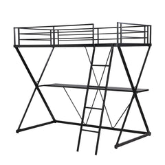 Twin Size Loft Bed with Desk Ladder and Full-Length Guardrails  X-Shaped Frame Black