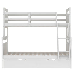 Twin over Full Bunk Bed with Ladder, Two Storage Drawers, Safety Guardrail  White