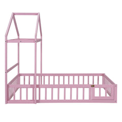 Wooden Full Size Children's Bed with Detachable Headboard and Integrated Clothes Drying Rack, Pink