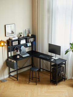 94.5 Inch Home Office Desk L shape gaming desk with LED storage Shelves METAL PANNEL and stool (BLACK)