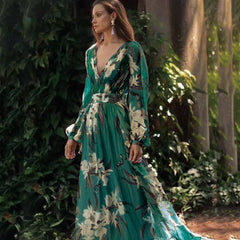 Winter New  Style V-Neck Long Sleeve Four-Way Stretch Printed Flared Dress