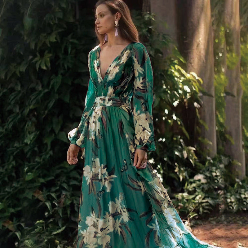 Winter New  Style V-Neck Long Sleeve Four-Way Stretch Printed Flared Dress