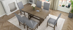TOPMAX Mid Century Solid Wood 7-Piece Expandable Dining Table Set with Soft Cushioned Chair, Gold Brown+Gray Cushions