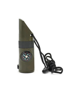 NEW 7 in 1 Survival Whistle Hiking Whistle Compass Mirror Flashlight Magnifier LED Light Thermometer Storage Compass Tool