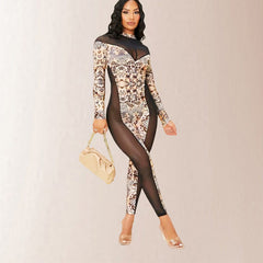 Women's Long Sleeve Spliced Jumpsuit Print Sheer Mesh Slimming Jumpsuit