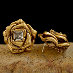 Brass Gold Color Metal Rose Flower Stud Earrings Geometry Zircon Shiny for Women Girls Jewelry Gifts Europe and America