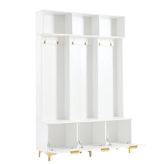 Large storage hall tree with bench, multifunctional storage platform, luxury clothes hanger equipped with 6 gold hooks
