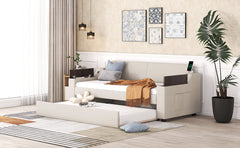 Twin Size Upholstery Daybed with Storage Arms  Trundle and USB Design Beige