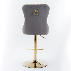 Thick gold rotating velvet bar stool with adjustable seat height of 25-33 inches and backrest (gray, set of 2 pieces)