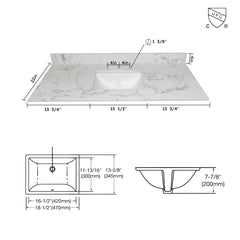 Montary 43x22 bathroom stone vanity top engineered stone carrara white marble color with rectangle undermount ceramic sink and 3 faucet hole with back splash