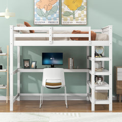 Full Size Loft Bed with Storage Shelves and Under-bed Desk  White
