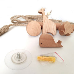 Nordic Indoor Wooden Solid Wood Hemp Rope Animal Tissue Holder Children's Room Decoration Wall Hanger Hemp Rope Hook Toilet Paper Holder